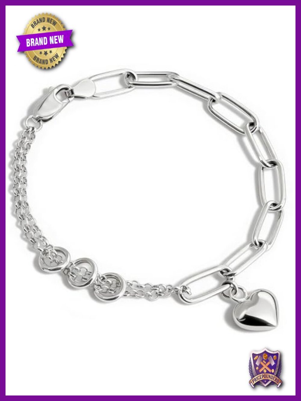 925 Sterling Silver Paperclip Bracelet with Puffy Heart Charm Link Bracelet